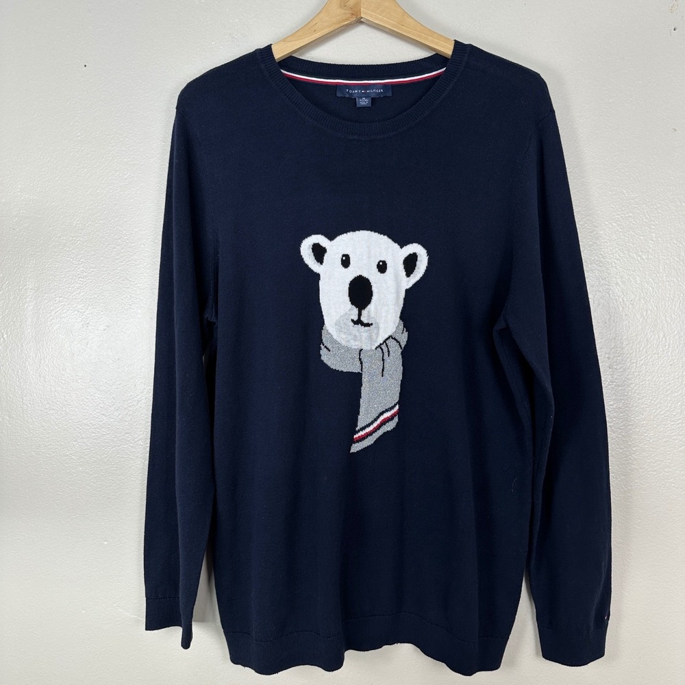 Tommy Hilfiger Women's XL Sweater Navy Blue Polar Bear Graphic J42S0355
